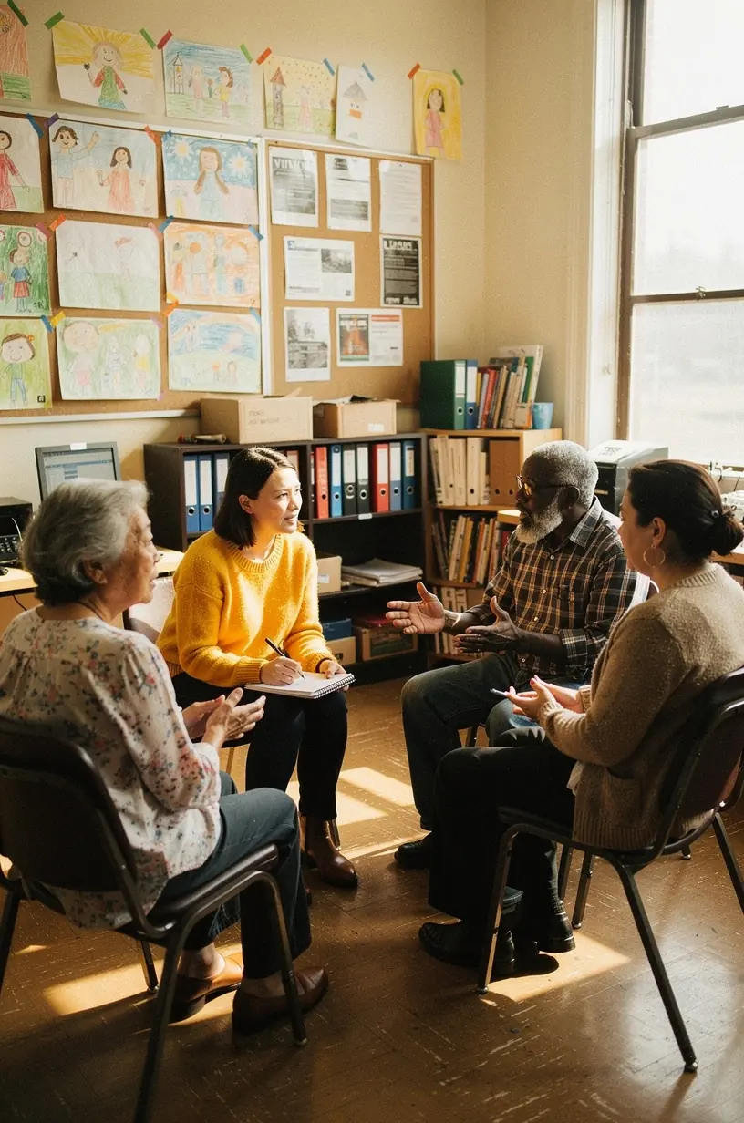 Community members sharing stories to build resilience.